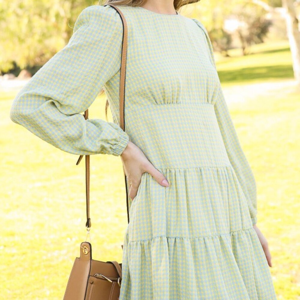 LUMIERE Yellow Blue Gingham Long Sleeve Mini Dress Tiered Ruffle Babydoll Style